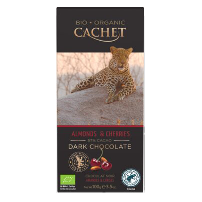 Afbeelding cachet puur 55% amandel kers 90gr